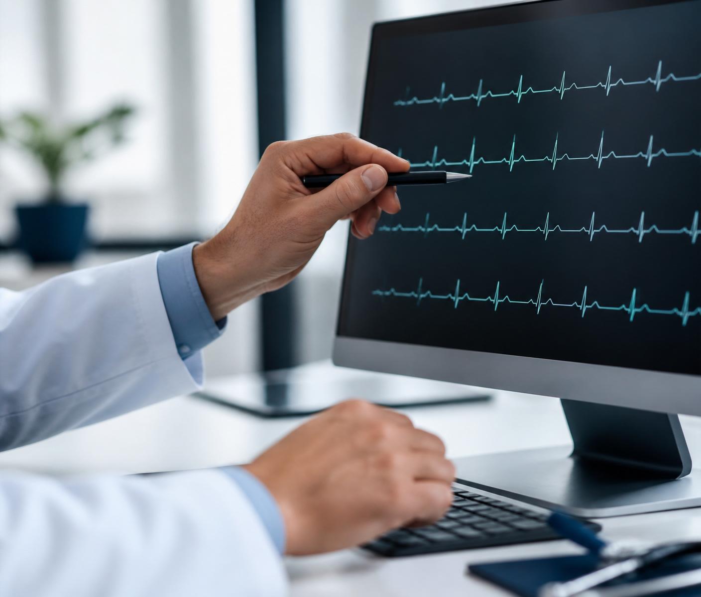 Medic cardiolog care analizează o electrocardiogramă pe un monitor modern.